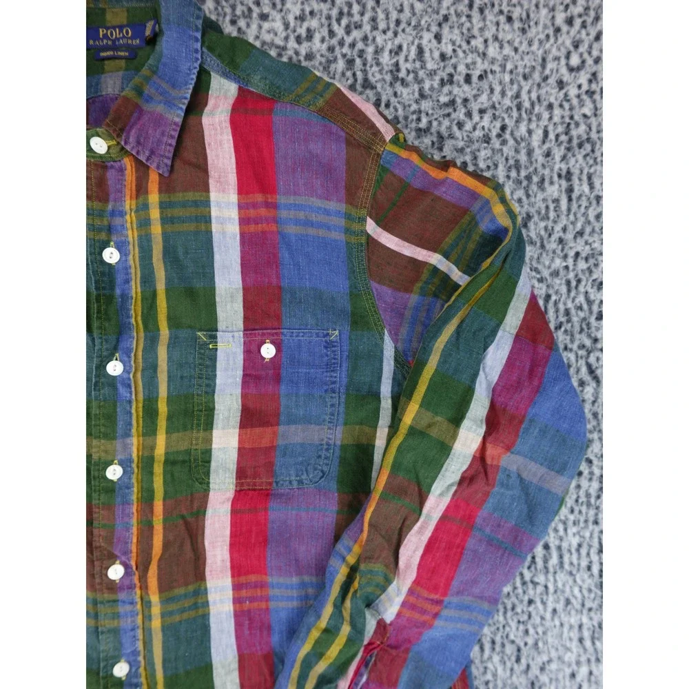 Polo Ralph Lauren Mens XL Multicolor Plaid Indigo Linen Long Sleeve Button Shirt